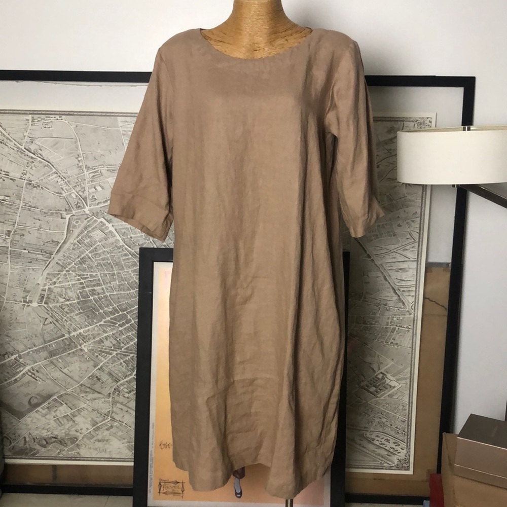 Not Perfect Linen Classic Relaxed  Dress in Taupe Size L